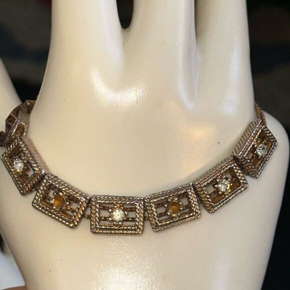 Vintage gold tone & rhinestones slide bracelet - Picture 1 of 5